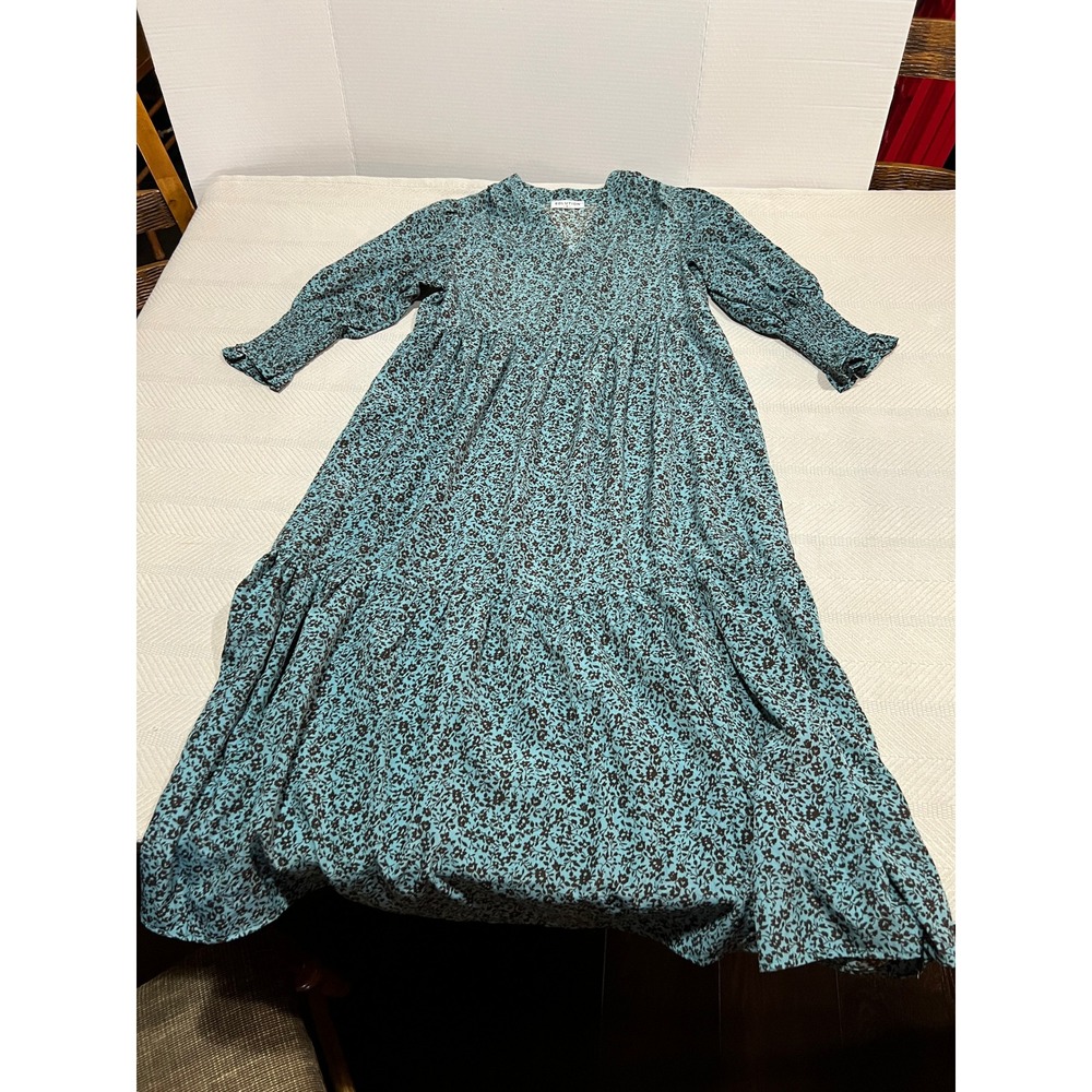 Solution Maxi Modest Minimalist Prairie Dress Flowy Smocked Blue Tiered Small - Picture 3 of 5